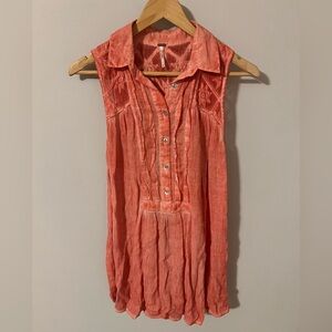 Free People Gauze Acid Wash Tie Dye Tunic Top Coral Boho Size XS Lace Collared